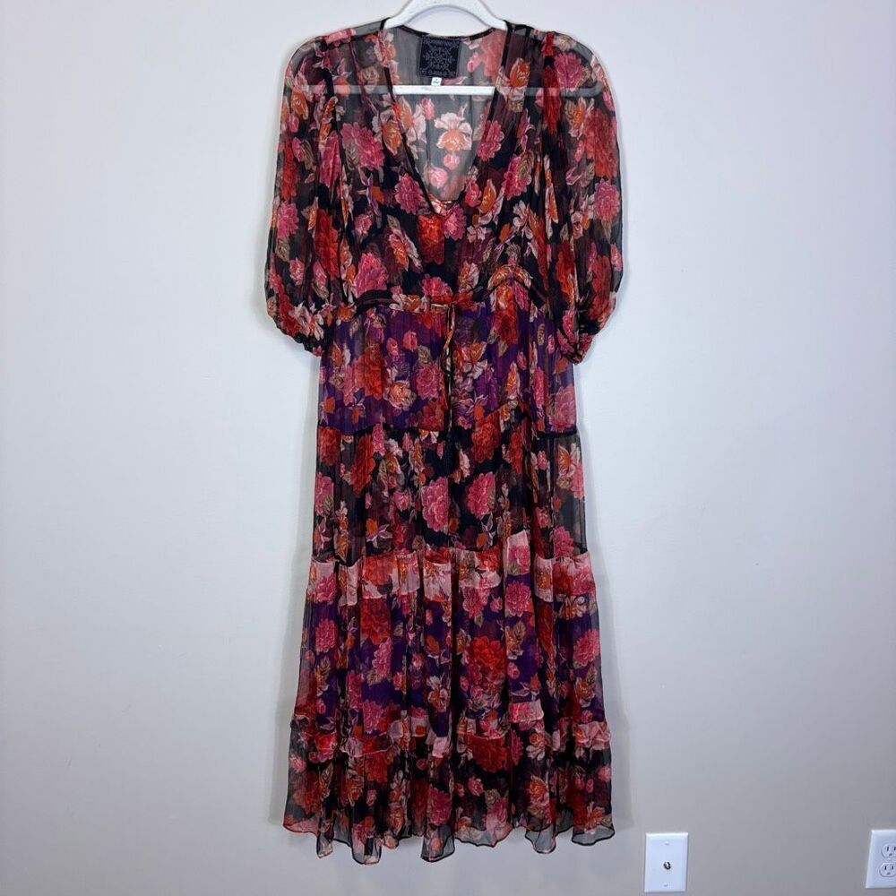 Johnny Was Jade Red &‎ Pink Floral Short Sleeve Midi Silk Dress Small